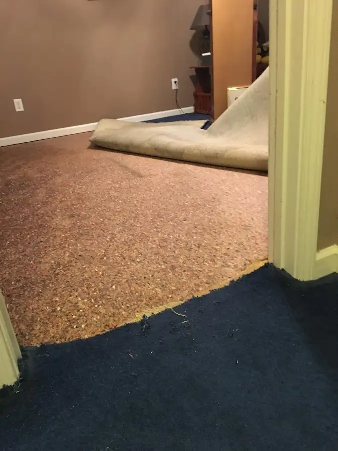 Carpet pad removal revealing water damage during Drying & Dehumidification in Belen
